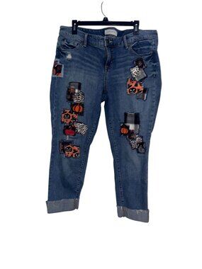 Torrid Womens Halloween Patchwork Distressed Cuffed Jeans Blue Denim Size 14R Co
